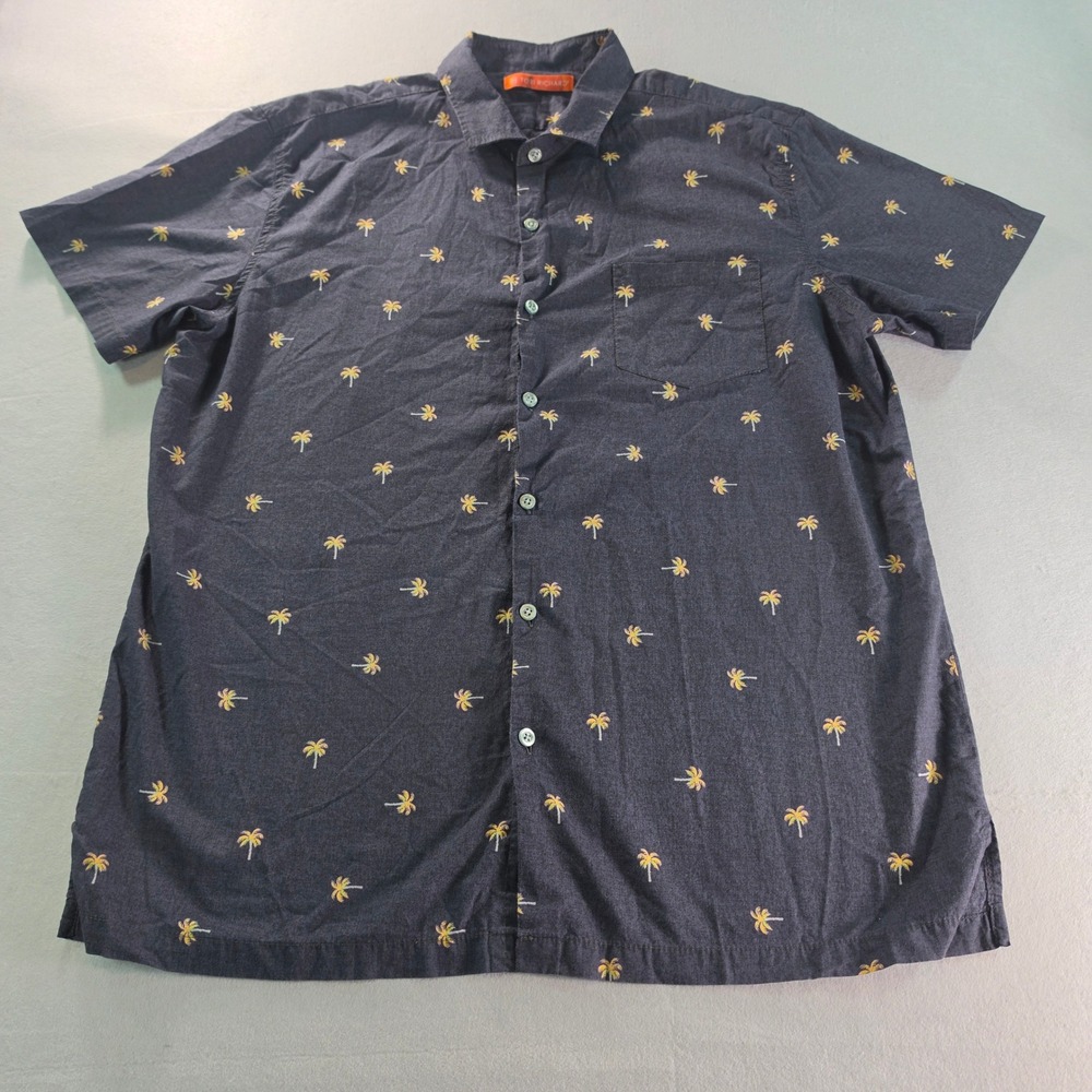 Tori Richard Mens Large Navy Blue Palm Tree Embroidered Cotton Lawn Shirt Hawaii